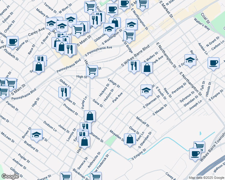 map of restaurants, bars, coffee shops, grocery stores, and more near 39 Hutson Street in Wilkes-Barre