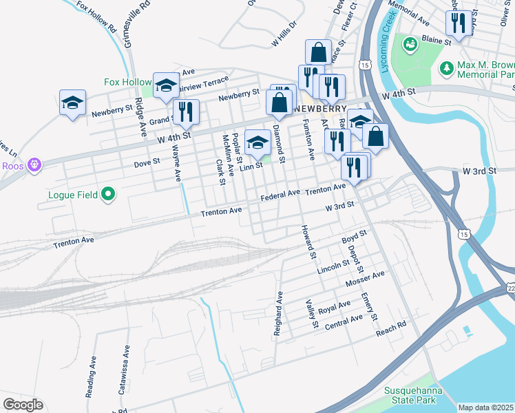 map of restaurants, bars, coffee shops, grocery stores, and more near 601-643 Trenton Pl in Williamsport