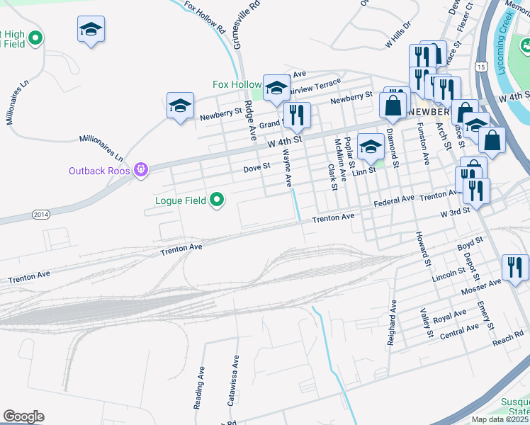 map of restaurants, bars, coffee shops, grocery stores, and more near 102 Federal Avenue in Williamsport