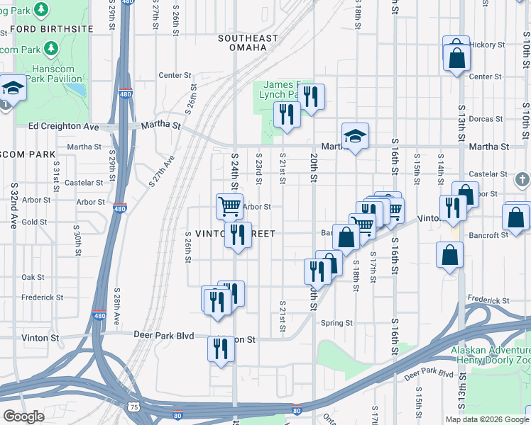 map of restaurants, bars, coffee shops, grocery stores, and more near 2514 South 21st Street in Omaha