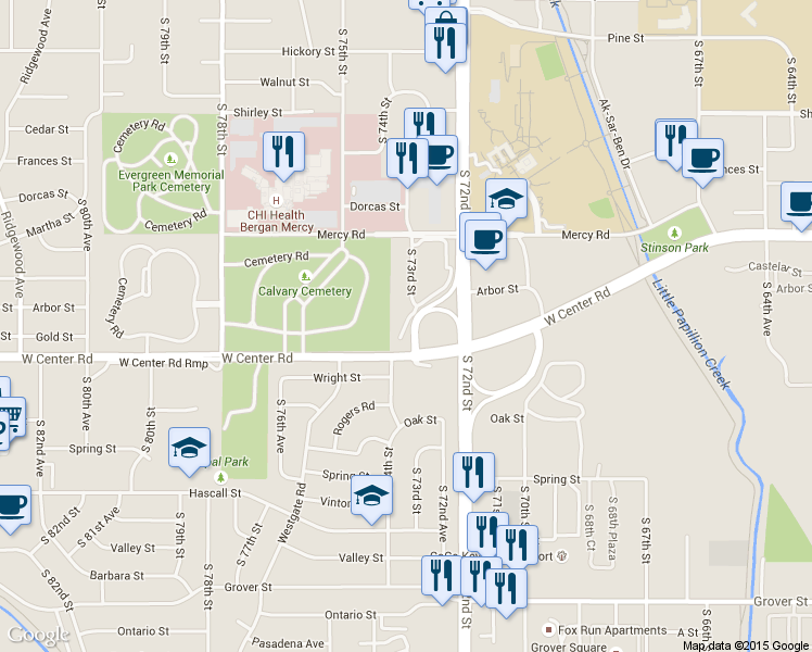 map of restaurants, bars, coffee shops, grocery stores, and more near 2506 South 72nd Street in Omaha