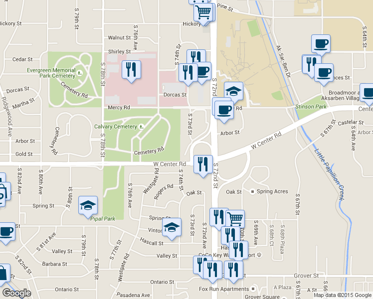map of restaurants, bars, coffee shops, grocery stores, and more near 2512 South 72nd Court in Omaha