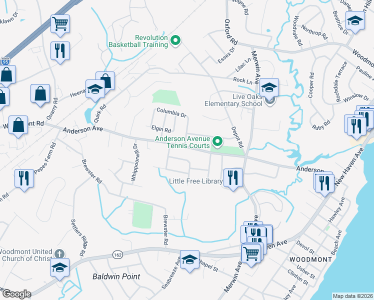 map of restaurants, bars, coffee shops, grocery stores, and more near 346 Anderson Avenue in Milford