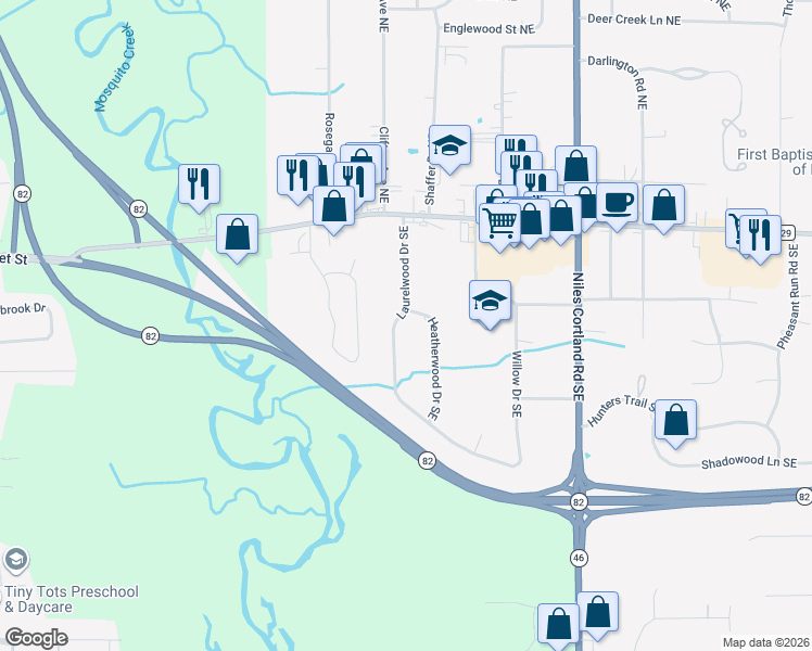 map of restaurants, bars, coffee shops, grocery stores, and more near 524 Laurelwood Drive Southeast in Warren