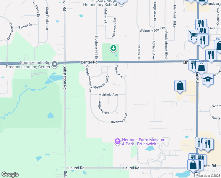 map of restaurants, bars, coffee shops, grocery stores, and more near 4657 Muirfield Avenue in Brunswick