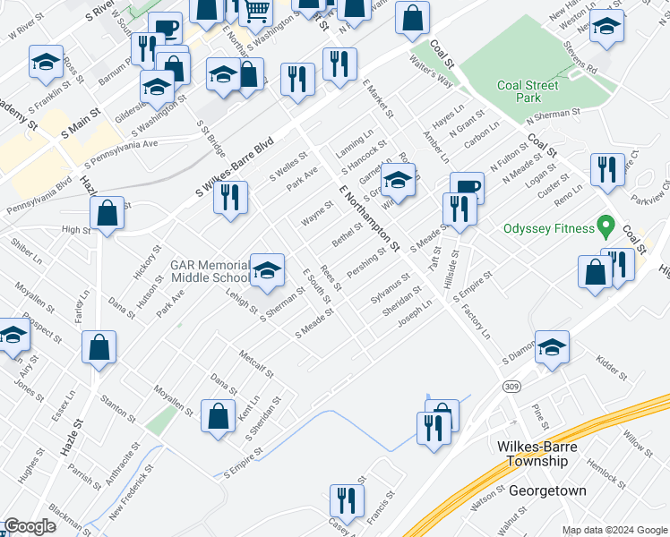 map of restaurants, bars, coffee shops, grocery stores, and more near 176 South Sherman Street in Wilkes-Barre