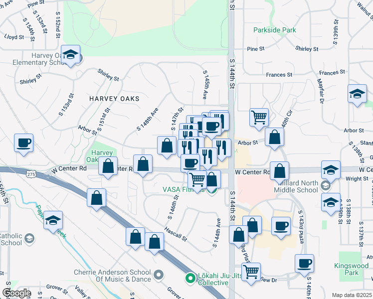 map of restaurants, bars, coffee shops, grocery stores, and more near 14624 West Center Road in Omaha