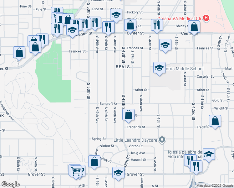 map of restaurants, bars, coffee shops, grocery stores, and more near 2603 South 48th Avenue in Omaha