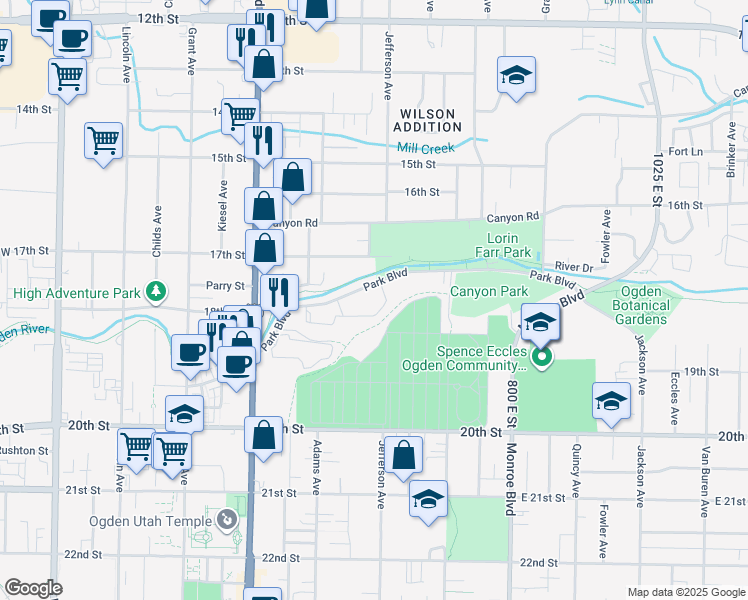 map of restaurants, bars, coffee shops, grocery stores, and more near 525 Park Boulevard in Ogden