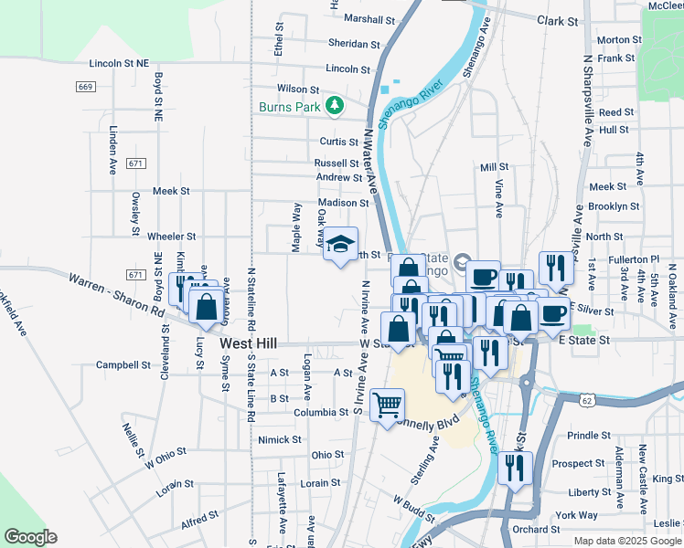 map of restaurants, bars, coffee shops, grocery stores, and more near 301 Ellsworth Street in Sharon