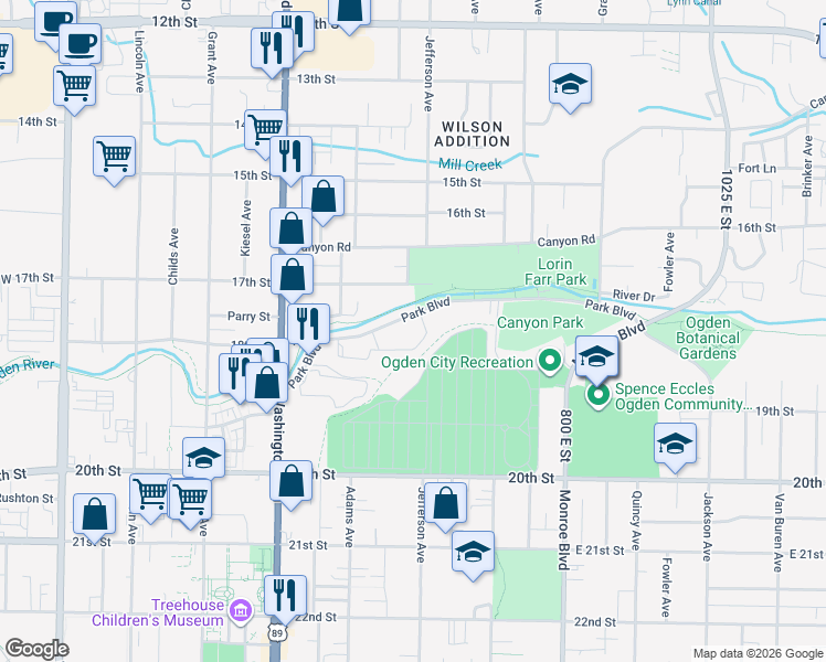 map of restaurants, bars, coffee shops, grocery stores, and more near Martin Hilltop Dr in Ogden