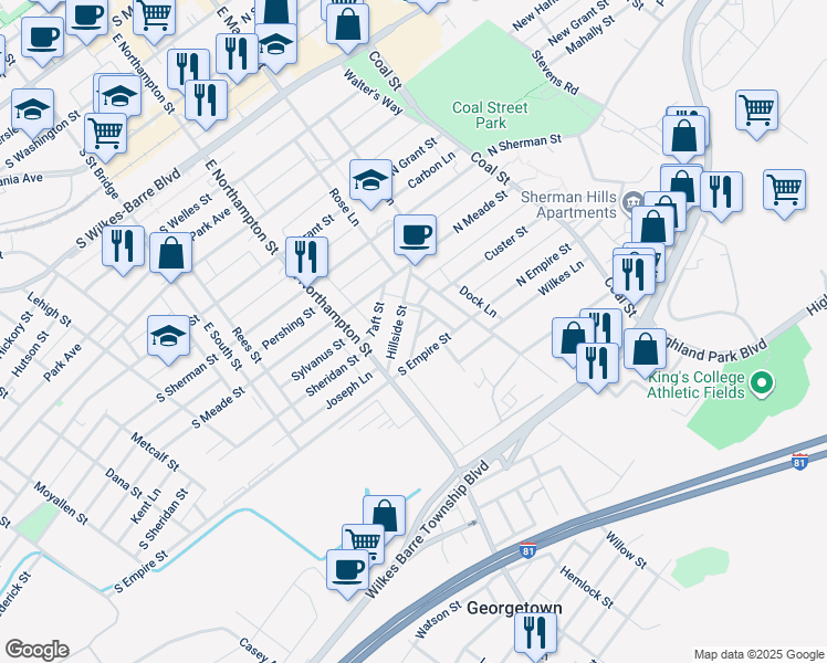 map of restaurants, bars, coffee shops, grocery stores, and more near 34 Oakwood Lane in Wilkes-Barre