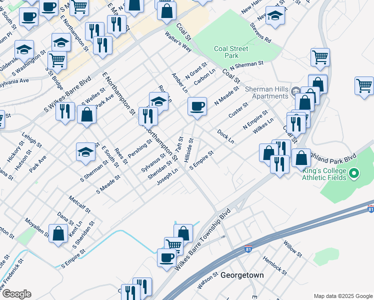 map of restaurants, bars, coffee shops, grocery stores, and more near 58 Taft Street in Wilkes-Barre