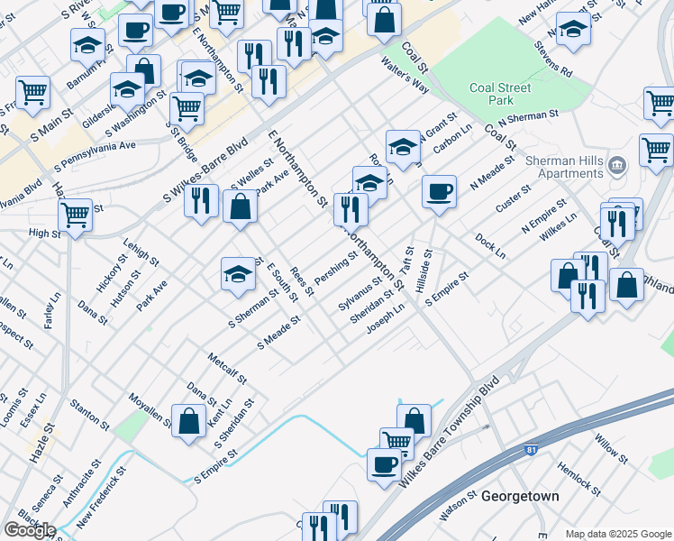 map of restaurants, bars, coffee shops, grocery stores, and more near 139 South Meade Street in Wilkes-Barre