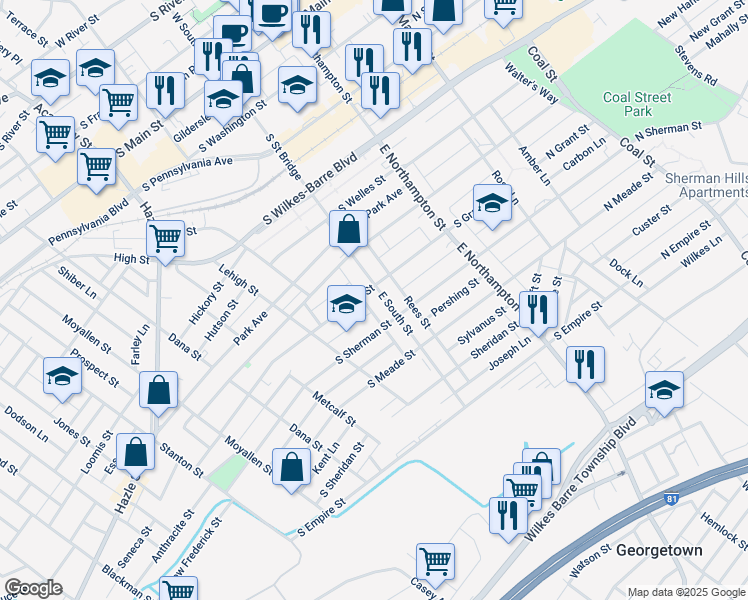 map of restaurants, bars, coffee shops, grocery stores, and more near 7 Noble Lane in Wilkes-Barre