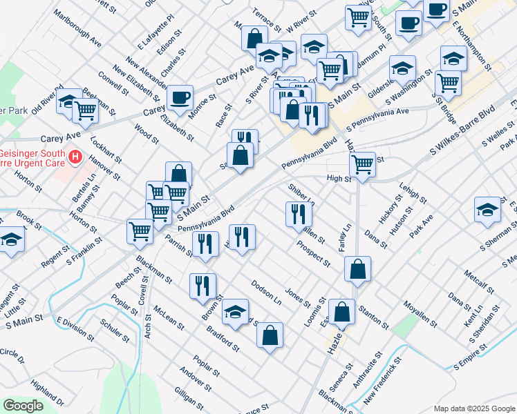 map of restaurants, bars, coffee shops, grocery stores, and more near 10 Prospect Street in Wilkes-Barre