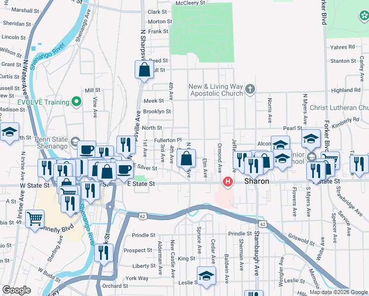 map of restaurants, bars, coffee shops, grocery stores, and more near 142 North Oakland Avenue in Sharon