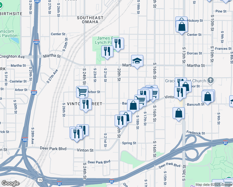 map of restaurants, bars, coffee shops, grocery stores, and more near 2515 South 20th Avenue in Omaha