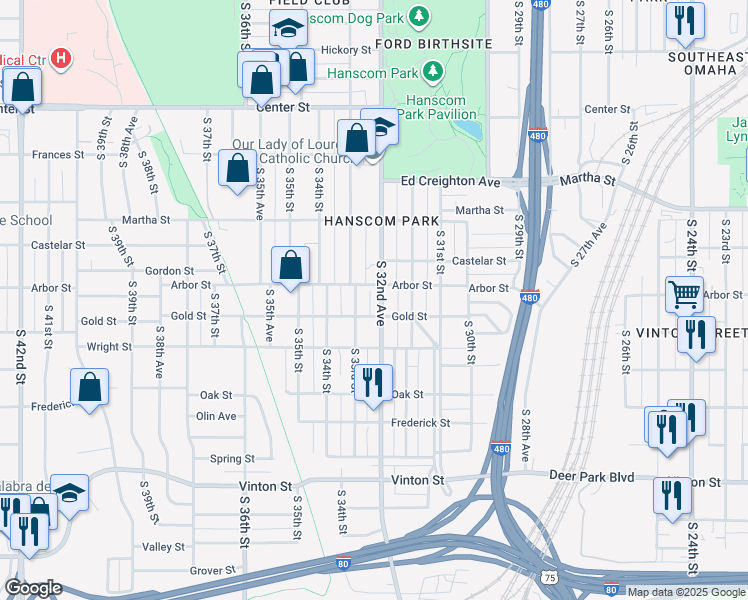 map of restaurants, bars, coffee shops, grocery stores, and more near 2519 South 33rd Street in Omaha