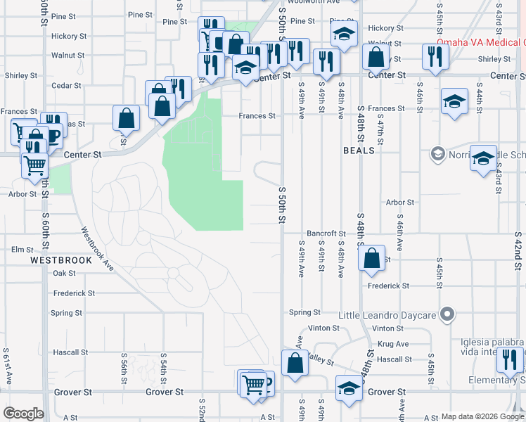 map of restaurants, bars, coffee shops, grocery stores, and more near 5023 Arbor Circle in Omaha