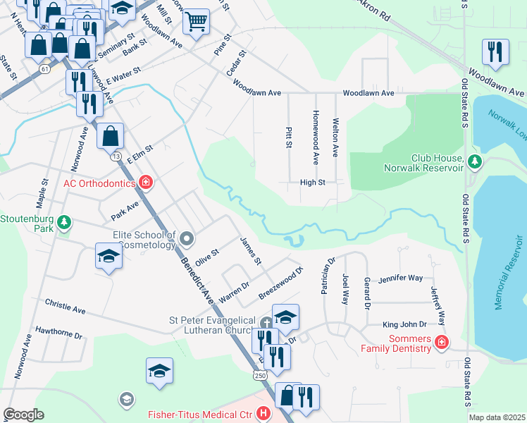 map of restaurants, bars, coffee shops, grocery stores, and more near 11 James Street in Norwalk