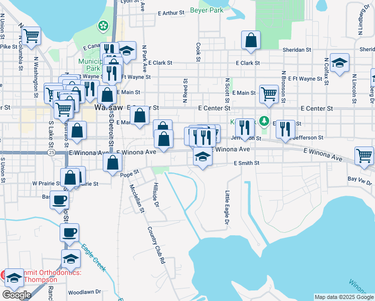 map of restaurants, bars, coffee shops, grocery stores, and more near 400 Reed Street in Warsaw