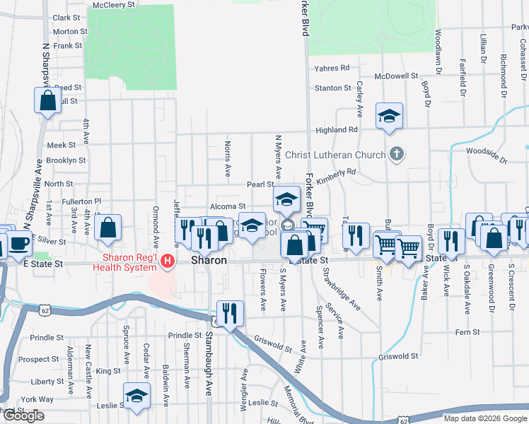 map of restaurants, bars, coffee shops, grocery stores, and more near 1047 Linden Street in Sharon
