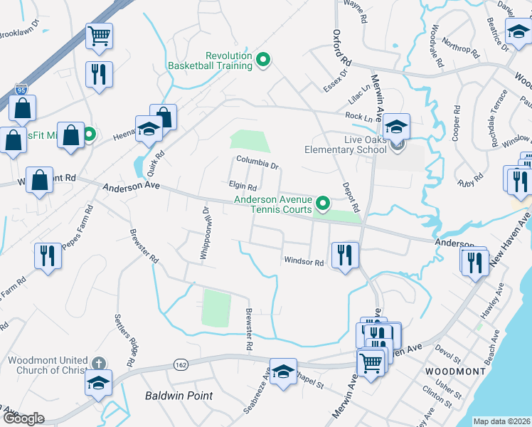 map of restaurants, bars, coffee shops, grocery stores, and more near 366 Anderson Avenue in Milford