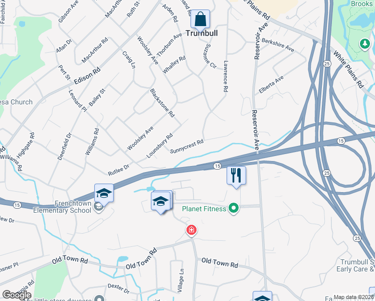 map of restaurants, bars, coffee shops, grocery stores, and more near 30 Sunnycrest Road in Trumbull