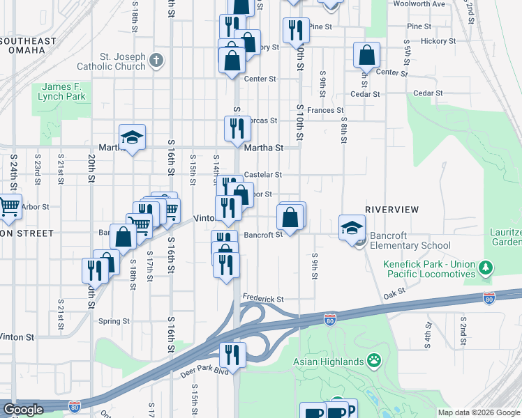 map of restaurants, bars, coffee shops, grocery stores, and more near 2528 South 12th Street in Omaha