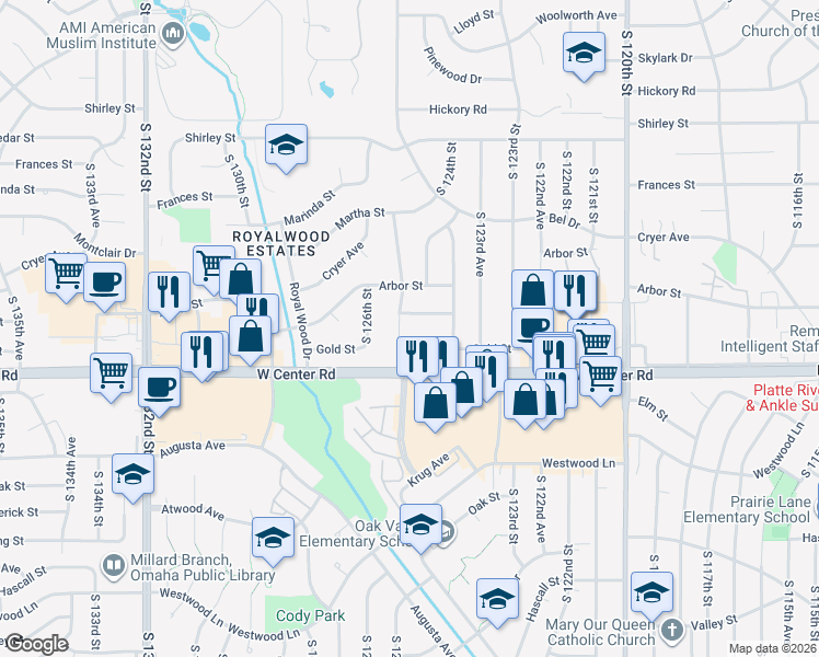 map of restaurants, bars, coffee shops, grocery stores, and more near 2567 South 125th Avenue in Omaha
