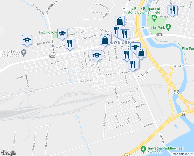 map of restaurants, bars, coffee shops, grocery stores, and more near 601 Trenton Place in Williamsport