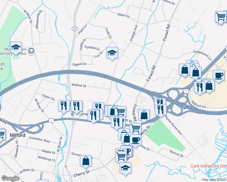 map of restaurants, bars, coffee shops, grocery stores, and more near 54 Robbins Court in Milford