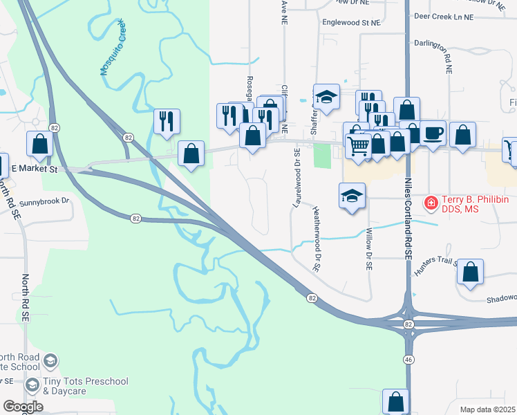 map of restaurants, bars, coffee shops, grocery stores, and more near 1450 Sandpiper Trail Southeast in Warren