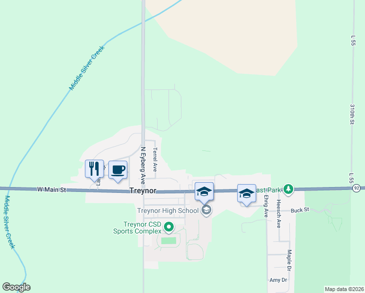 map of restaurants, bars, coffee shops, grocery stores, and more near 115 Terrel Avenue in Treynor