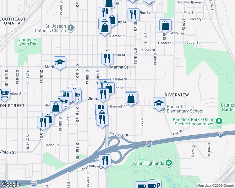 map of restaurants, bars, coffee shops, grocery stores, and more near 2528 South 12th Street in Omaha