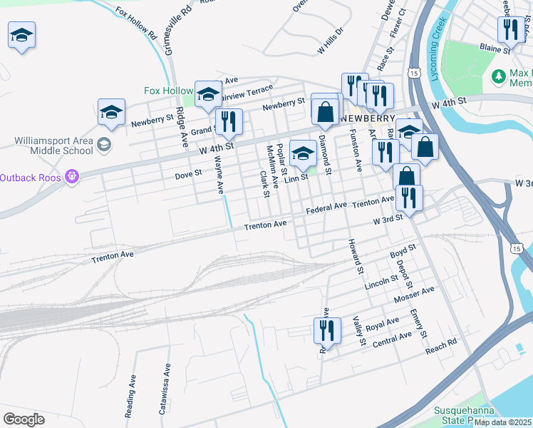 map of restaurants, bars, coffee shops, grocery stores, and more near 2330 Federal Avenue in Williamsport