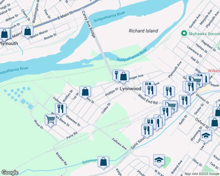 map of restaurants, bars, coffee shops, grocery stores, and more near 221 Phillips Street in Wilkes-Barre