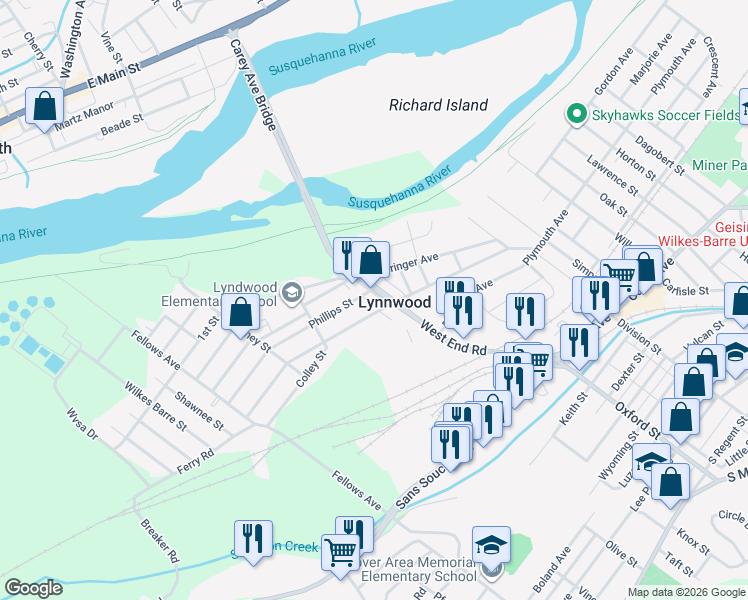 map of restaurants, bars, coffee shops, grocery stores, and more near 174 Lynwood Avenue in Wilkes-Barre