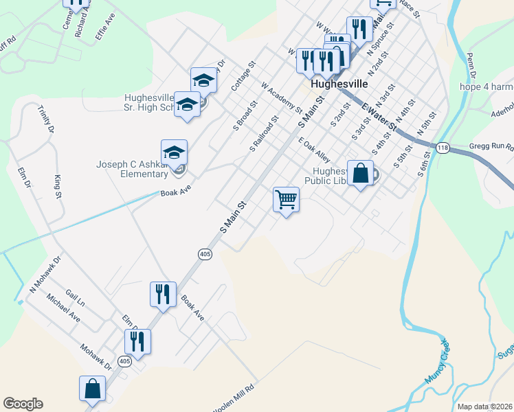 map of restaurants, bars, coffee shops, grocery stores, and more near 350 South Spruce Street in Hughesville