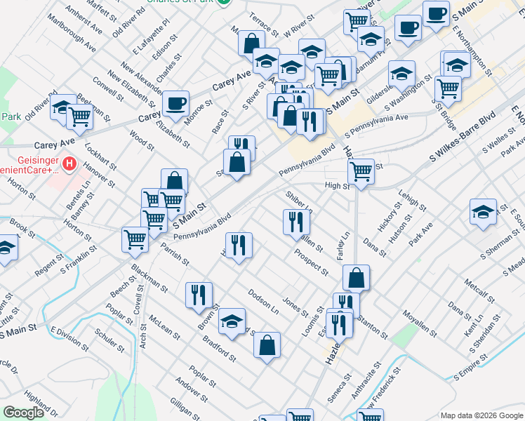 map of restaurants, bars, coffee shops, grocery stores, and more near 10 Prospect Street in Wilkes-Barre