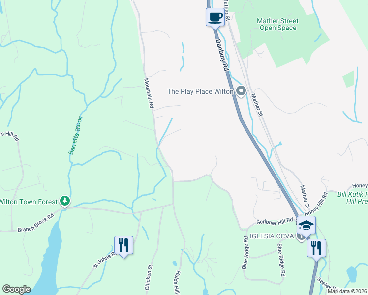 map of restaurants, bars, coffee shops, grocery stores, and more near 349 Mountain Road in Wilton