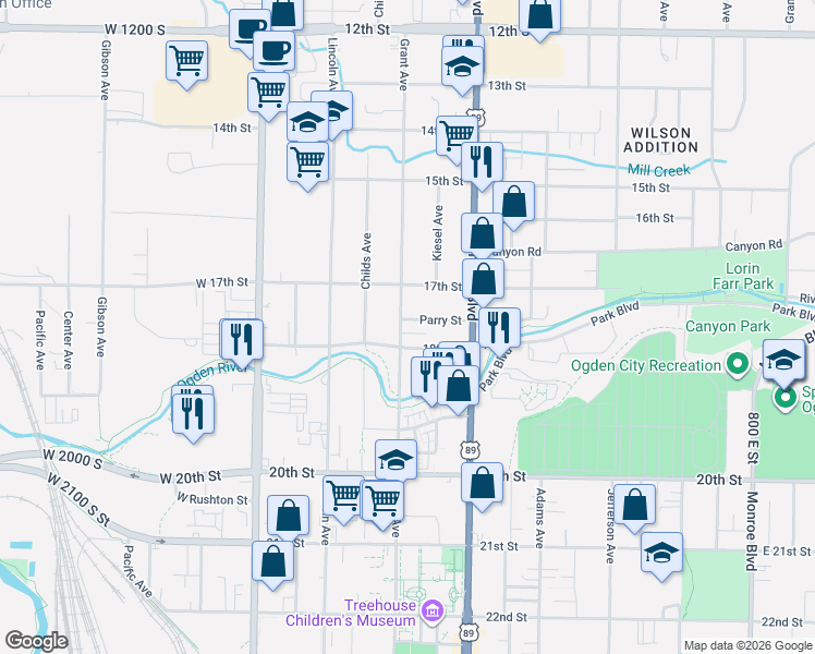 map of restaurants, bars, coffee shops, grocery stores, and more near 326 18th Street in Ogden