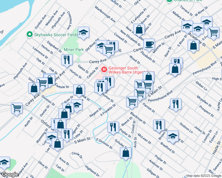 map of restaurants, bars, coffee shops, grocery stores, and more near 156 Barney Street in Wilkes-Barre