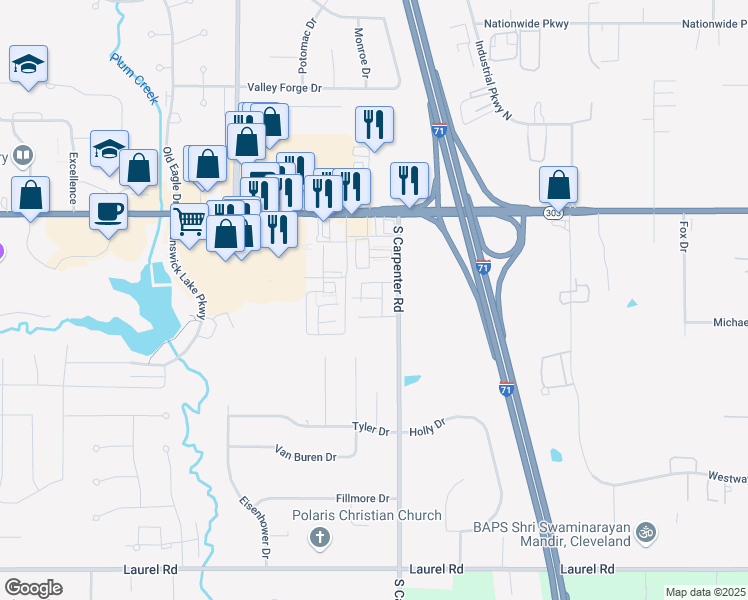 map of restaurants, bars, coffee shops, grocery stores, and more near 3230 Pinecrest Drive in Brunswick
