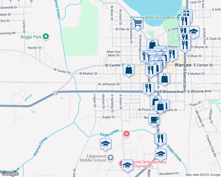 map of restaurants, bars, coffee shops, grocery stores, and more near 519 W Winona Ave in Warsaw