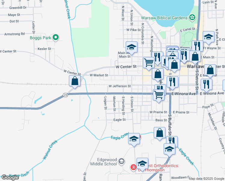 map of restaurants, bars, coffee shops, grocery stores, and more near 619 W Winona Ave in Warsaw