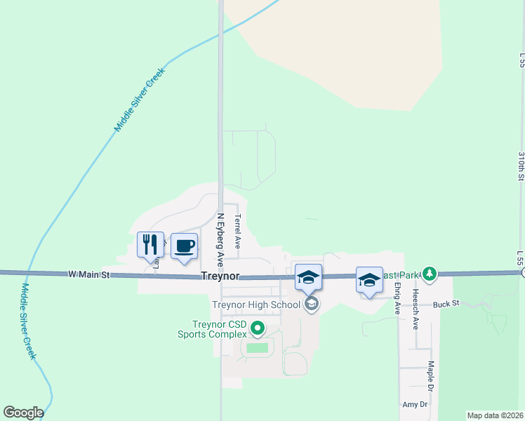 map of restaurants, bars, coffee shops, grocery stores, and more near 115 Terrel Avenue in Treynor