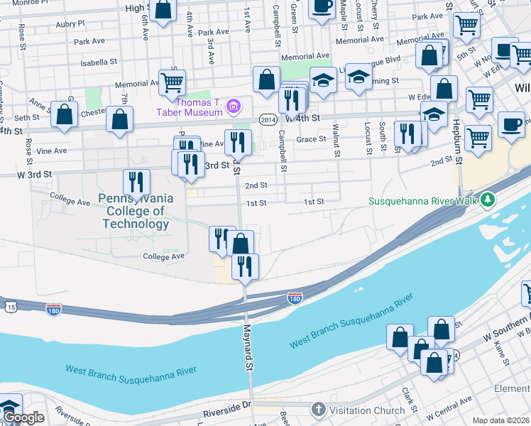 map of restaurants, bars, coffee shops, grocery stores, and more near 101 Campbell Street in Williamsport
