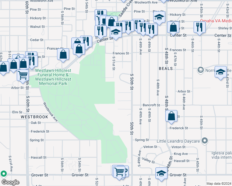 map of restaurants, bars, coffee shops, grocery stores, and more near 5058 Arbor Circle in Omaha